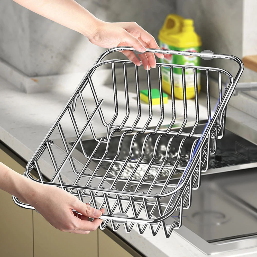 Stainless Steel Telescopic Sink Drain Rack Non-Slip Dish Drying Kitchen Bathroom Countertop Organizer Rack for Household Use